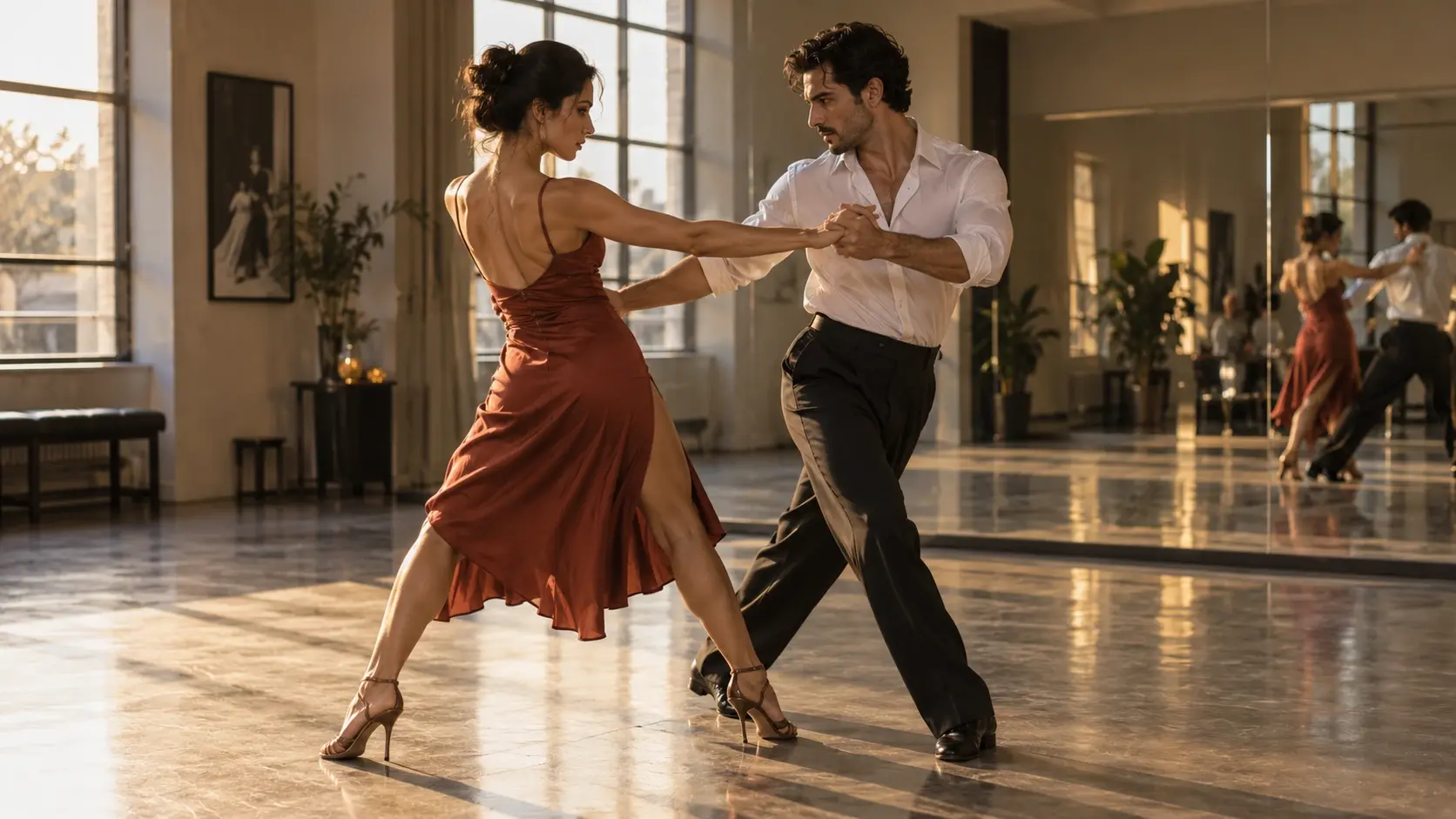 Par num ensaio de dança a dois num estúdio contemporâneo
