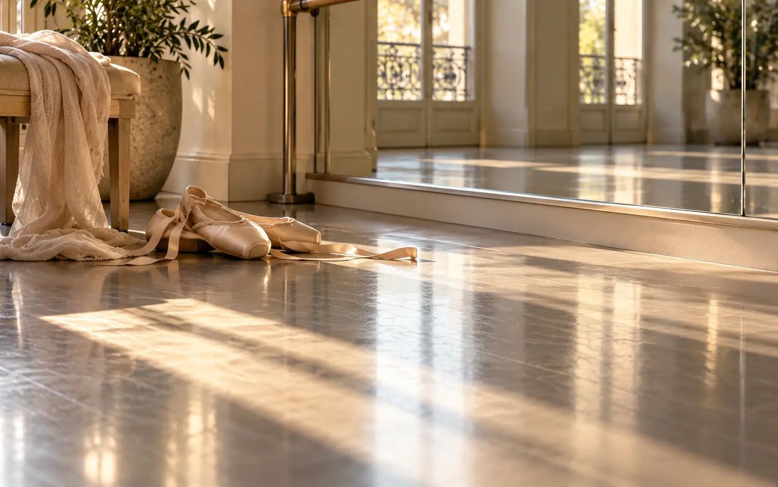 Detalhe de piso e espelho de um espaço de dança