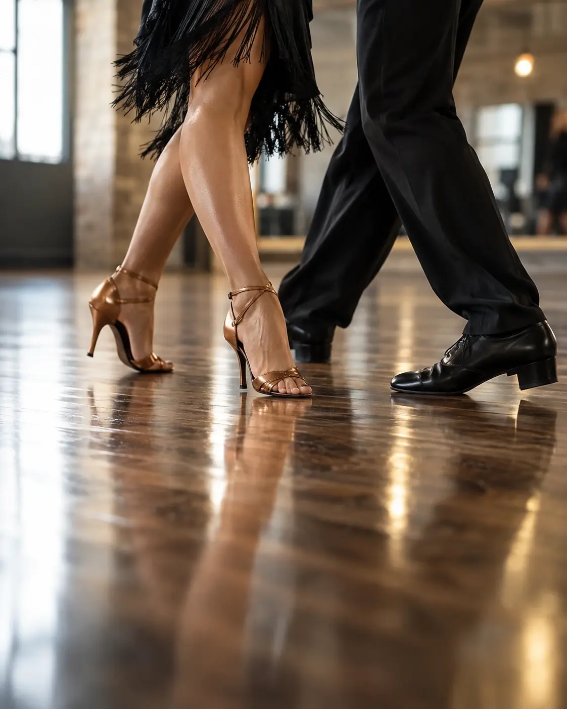 Detalhe de pés durante uma aula de dança